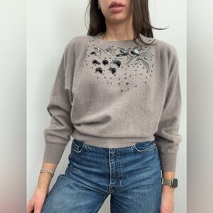 Vintage Mauve Purple Lambswool Angora Cropped Sweater Embroidered Crew Neck S